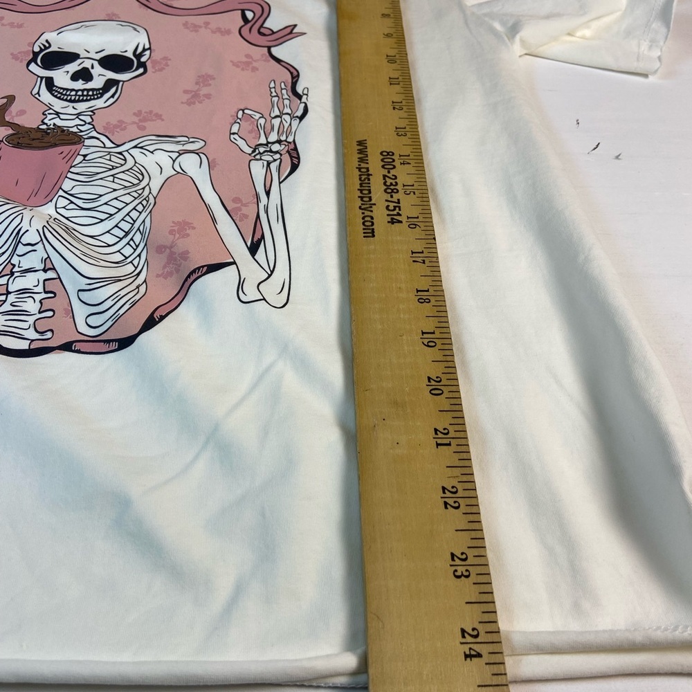 New Skeleton Coffee Graphic Tee White Pink Bow Gothic Cute Oversized S/M - Picture 6 of 10
